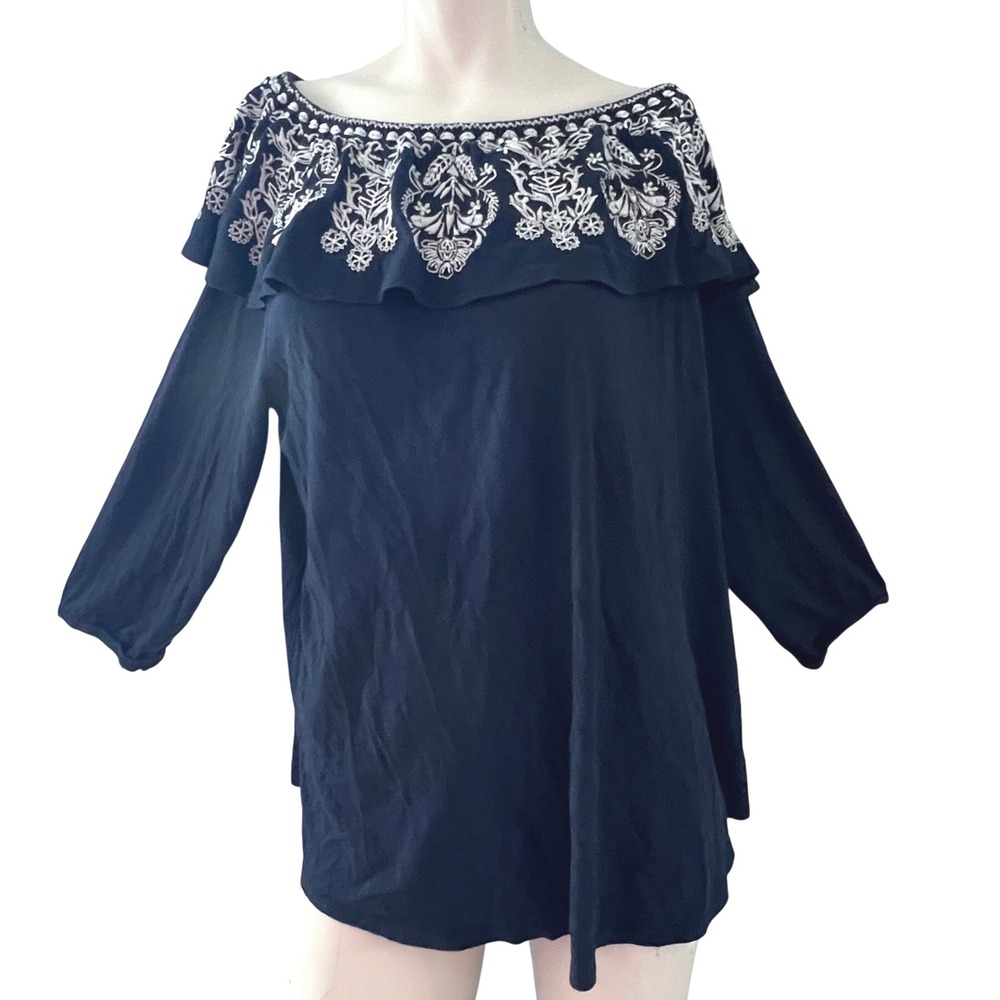 J. Jill Off Shoulder Embroidered Ruffle Blouse 2X Long Sleeve Top Boho Peasant
